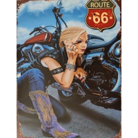 metalen_wandbord_route_66_afbeelding_motor_en_pin_up